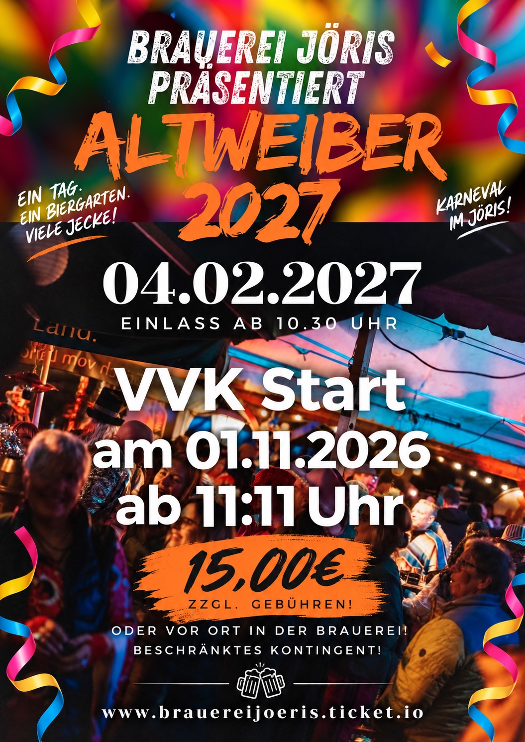 Altweiber 2027 in der Brauerei Jöris am 4. Februar – Ticketshop öffnen