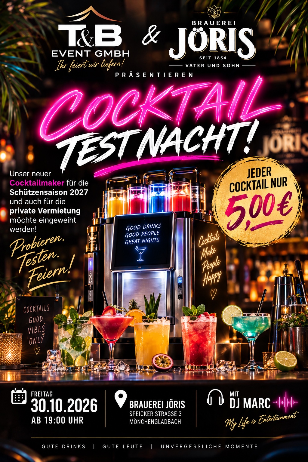 Cocktail-Testnacht am 30.10.2026 ab 19:00 Uhr – jeder Cocktail 5,00 Euro, mit DJ Marc