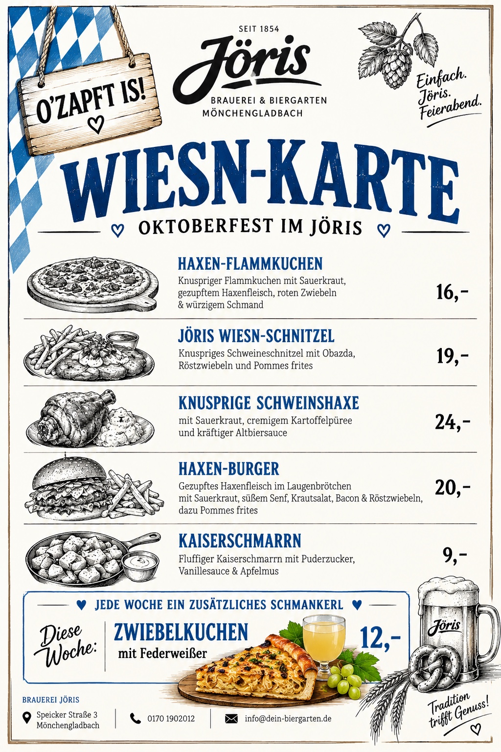 Wiesn-Karte der Brauerei Jöris mit Oktoberfestgerichten und Preisen