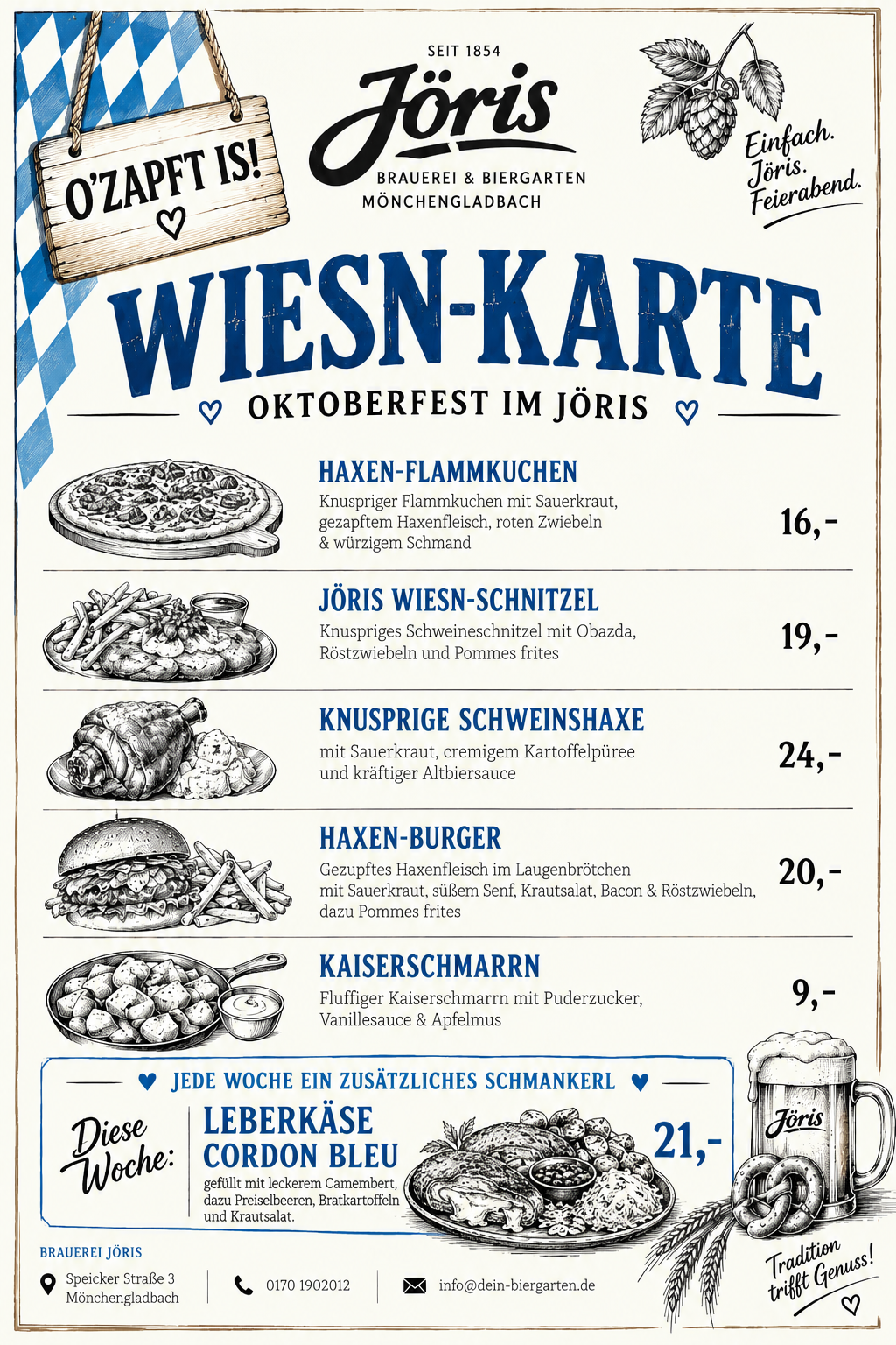 Wiesn-Karte der Brauerei Jöris mit Oktoberfestgerichten und Preisen